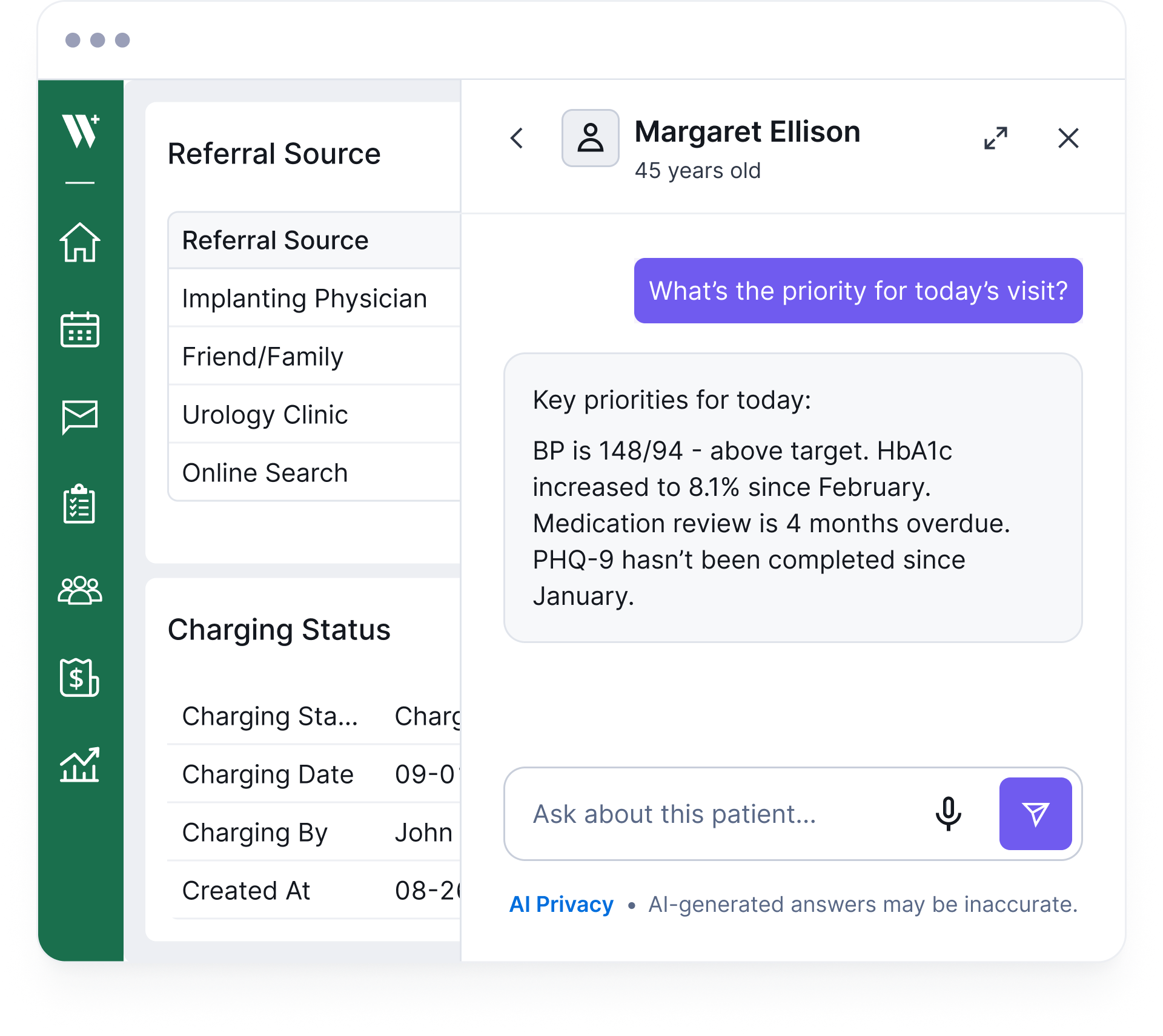 Welkin Care Portal patient record with the AI Assistant drawer open, listing key priorities for today's visit.