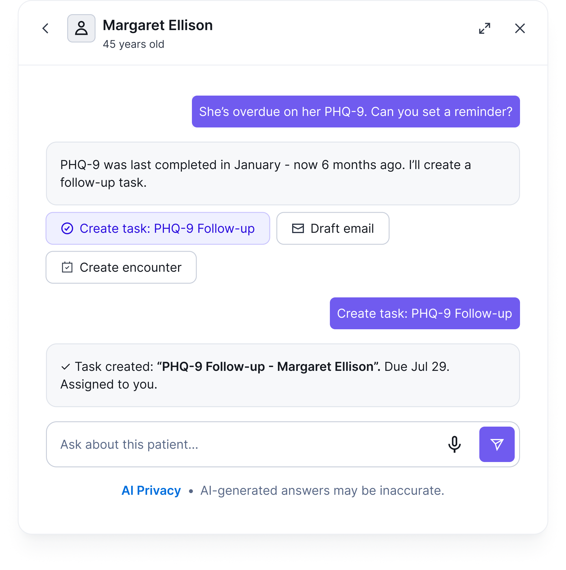 AI Assistant offering to create a PHQ-9 follow-up task, then confirming the task was created and assigned.