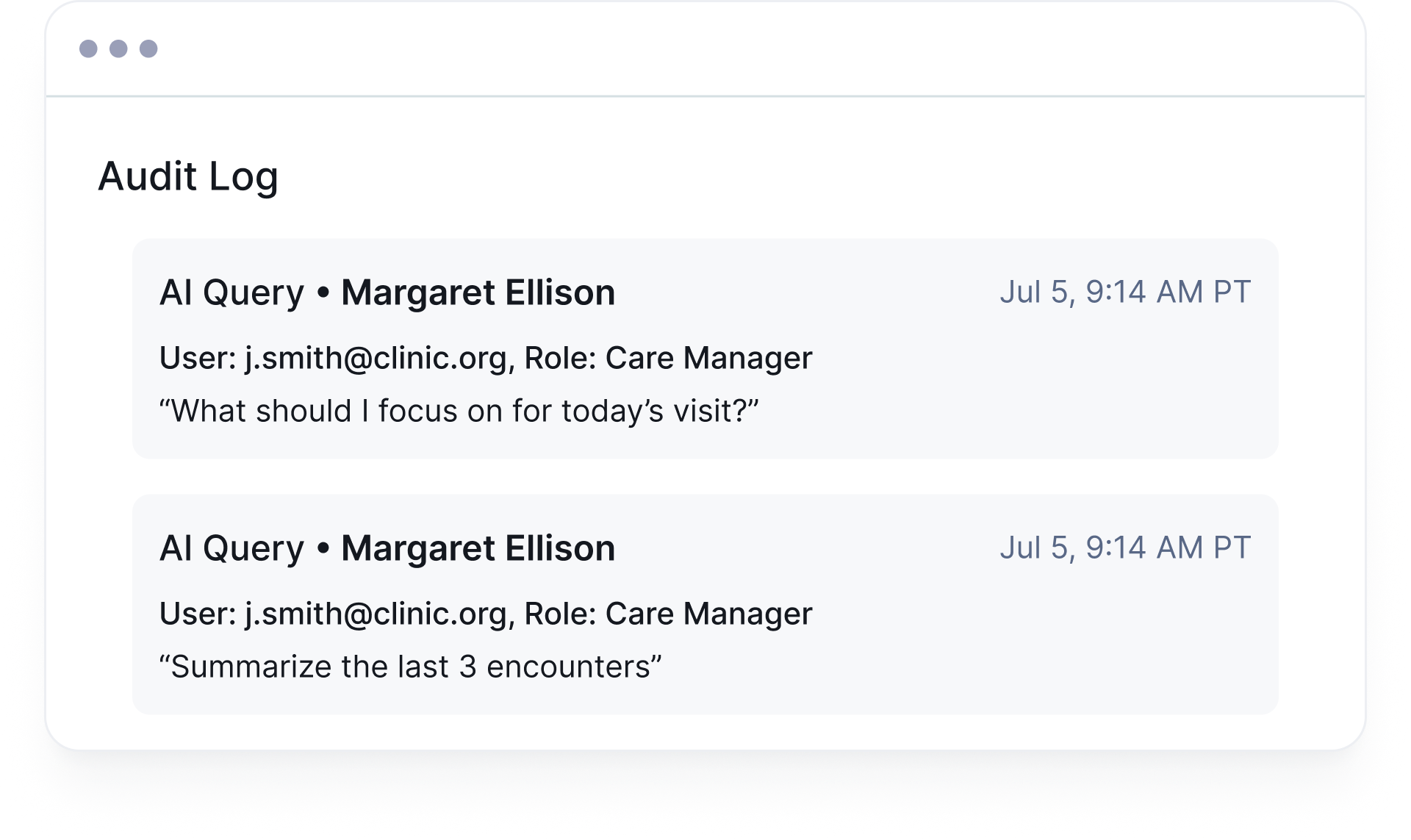 Audit log showing two AI Assistant queries, each with the user, role, patient, timestamp, and question asked.